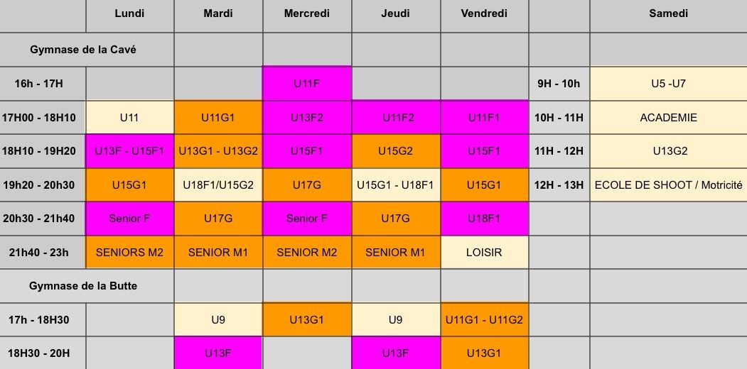 Planning des entraînements Les Phoenix 2024-2025